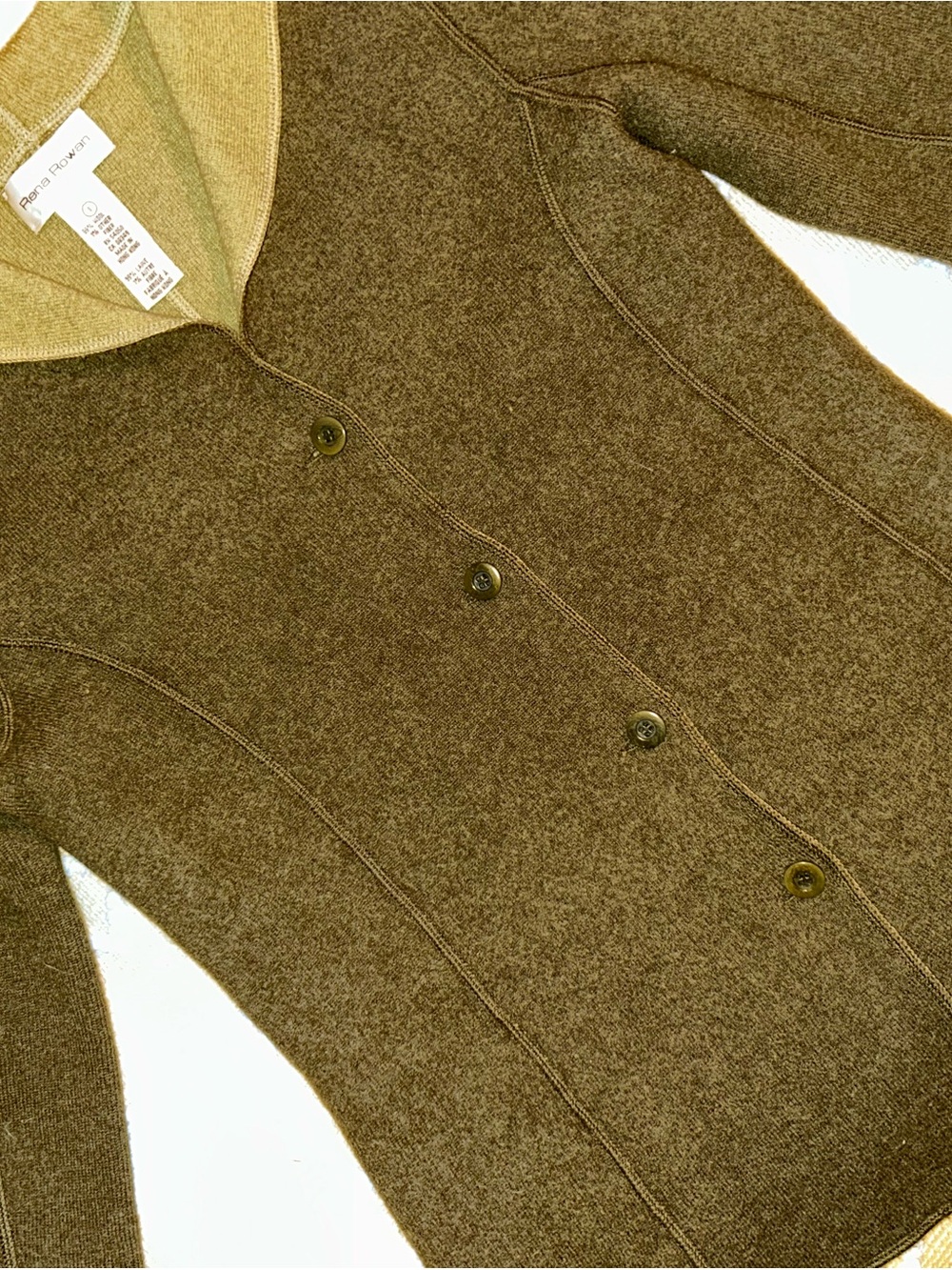 Vintage Rena Rowan Olive and Light Green Contrast Button-Front Wool Cardigan